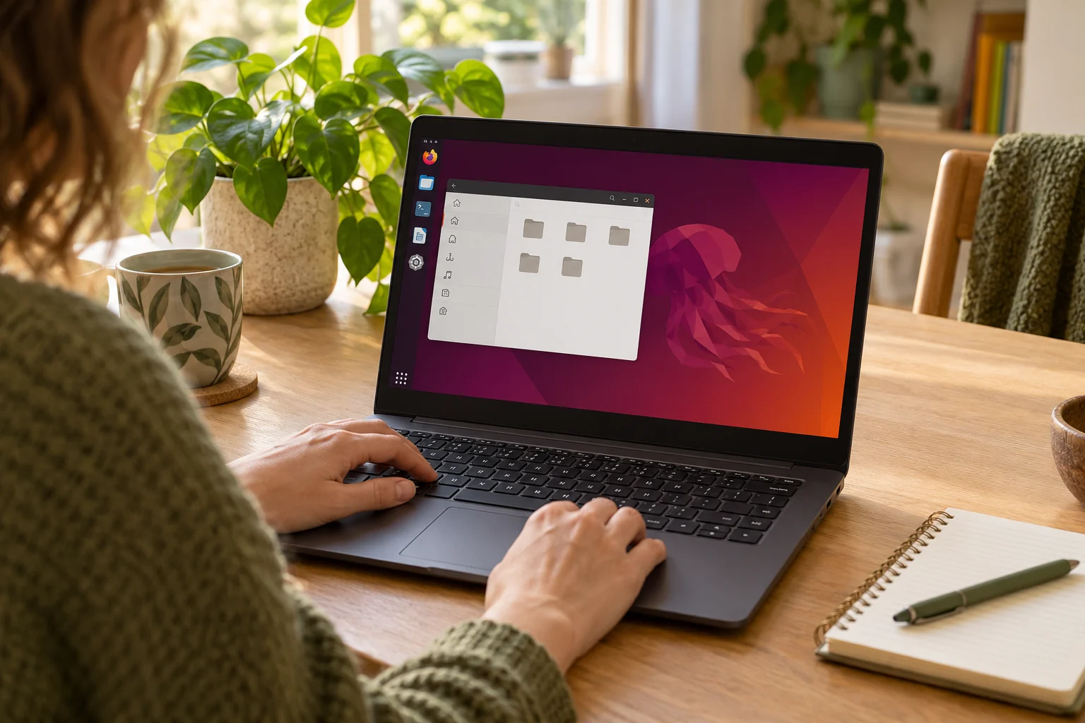 Een laptop met het Ubuntu-bureaublad en een geopend bestandsvenster